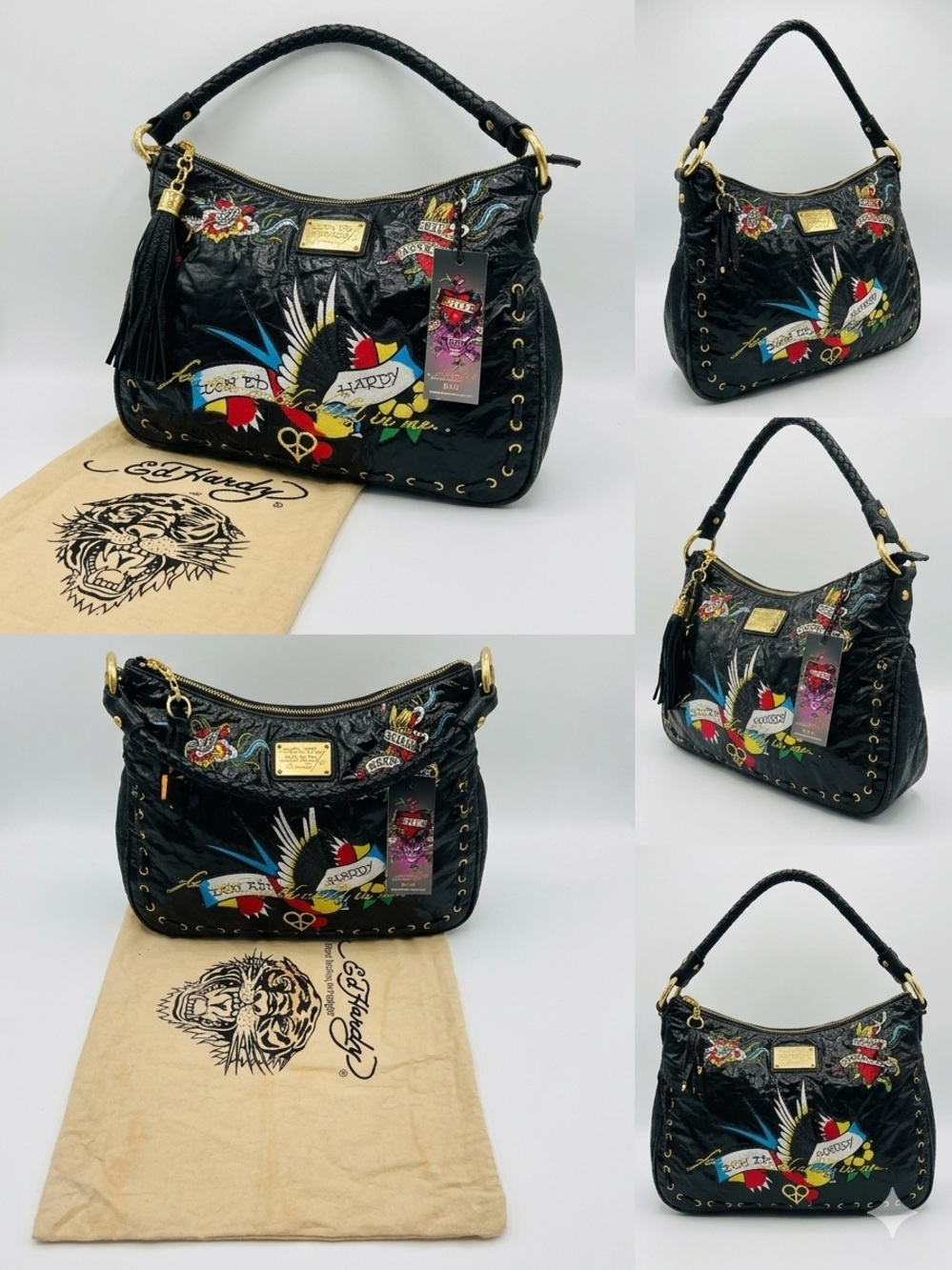 Ed Hardy Black Patent Tattoo-Print Shoulder Hobo with Tassel